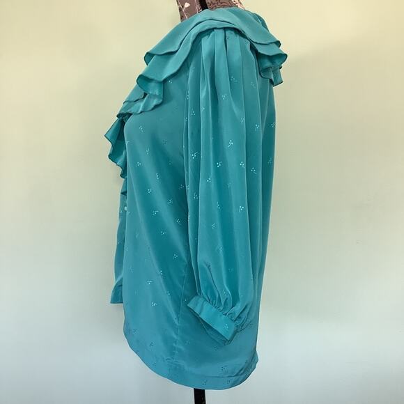 Vintage Liz Claiborne Button Up V Neck Ruffle Blouse Embossed Turquoise - Picture 2 of 12